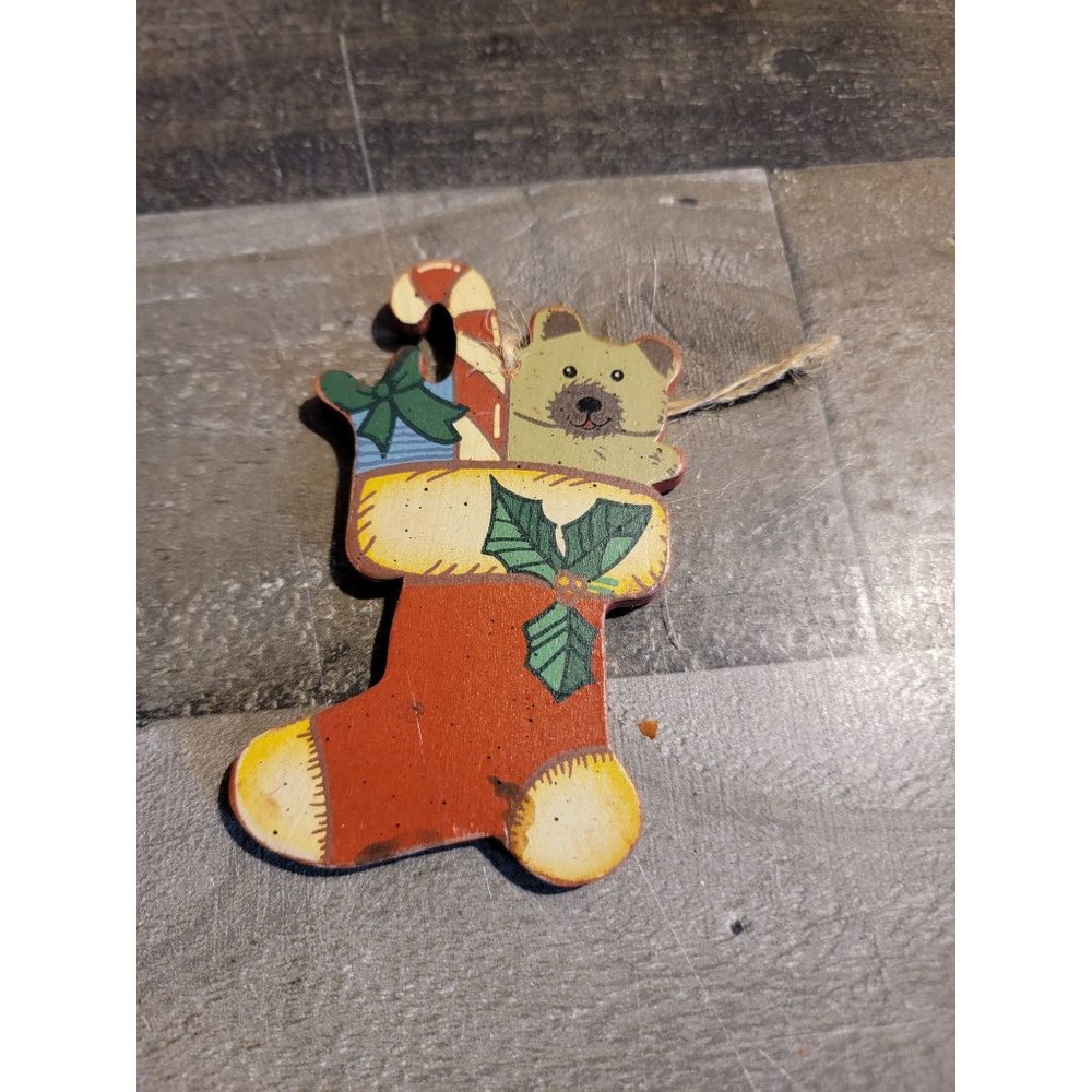 Vintage Wooden stocking teddy bear Candy cane Mistletoe ornament Xmas tree decor